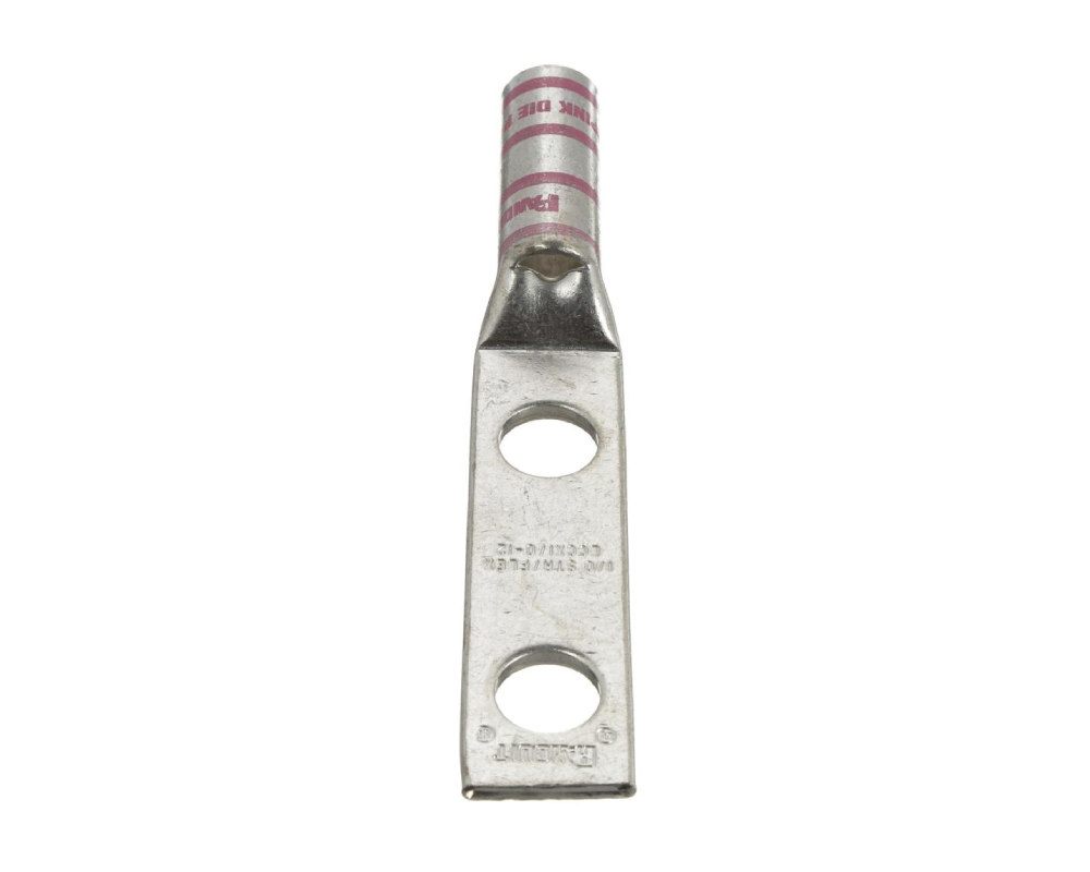 TWO-HOLE STANDARD BARREL LUG WITH WINDOW, 1/0 AWG, 1/2 IN STUD, 1.75 IN HOLE SPACING, TIN-PLATED COPPER