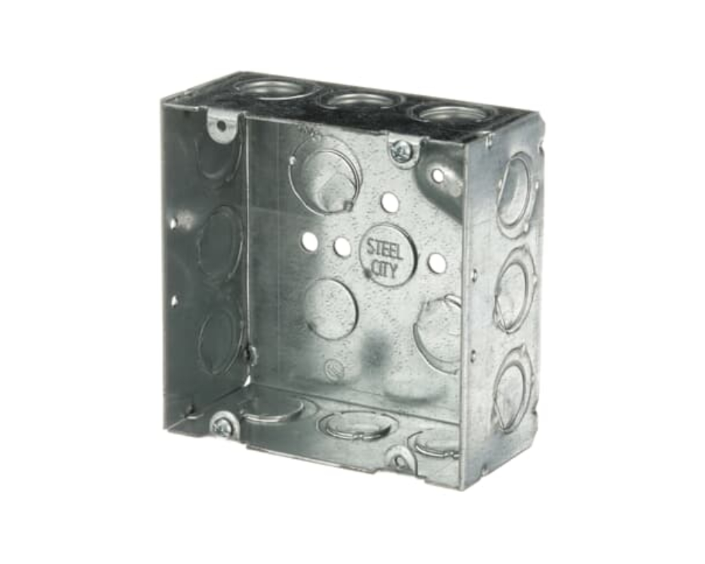 4-11/16" SQ × 2-1/8" DEEP, 42 CU.IN. SQUARE OUTLET BOX, PRE-GALVANIZED STEEL, WELDED CONSTRUCTION, 1/2" & 3/4" ECCENTRIC KNOCKOUTS, 16 KOs, FOR CONDUIT APPLICATION.