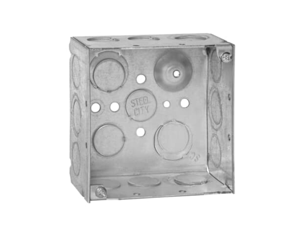 4 Inch Square Box, Steel, 30.3 Cubic inches, .5&3/4E- Knockouts.