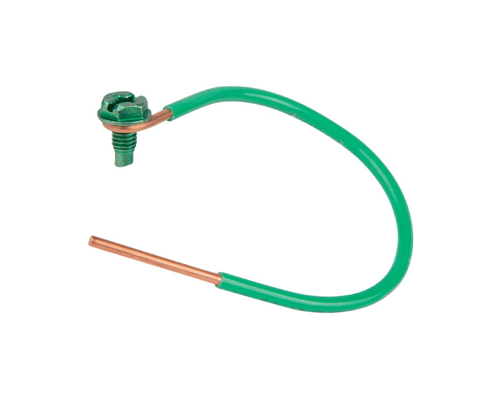 GROUNDING SCREW & PIGTAIL TERMINAL, #12 AWG INSULATED STRANDED COPPER, 8" PIGTAIL, 10-32 × 3/8" ROUND HEAD SCREW, FORK-TONGUE TERMINAL, GREEN, FOR ELECTRICAL BOX GROUNDING.