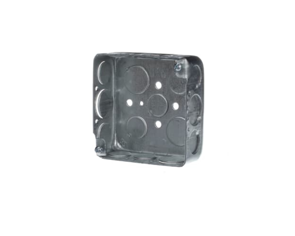 SQUARE OUTLET BOX, 4" × 4" × 1-1/2" DEEP, 21 CU.IN. CAPACITY, 1/2" & 3/4" KNOCKOUTS, 17 KOs, PRE-GALVANIZED STEEL, 1 OUTLET, FOR USE WITH CONDUIT.
