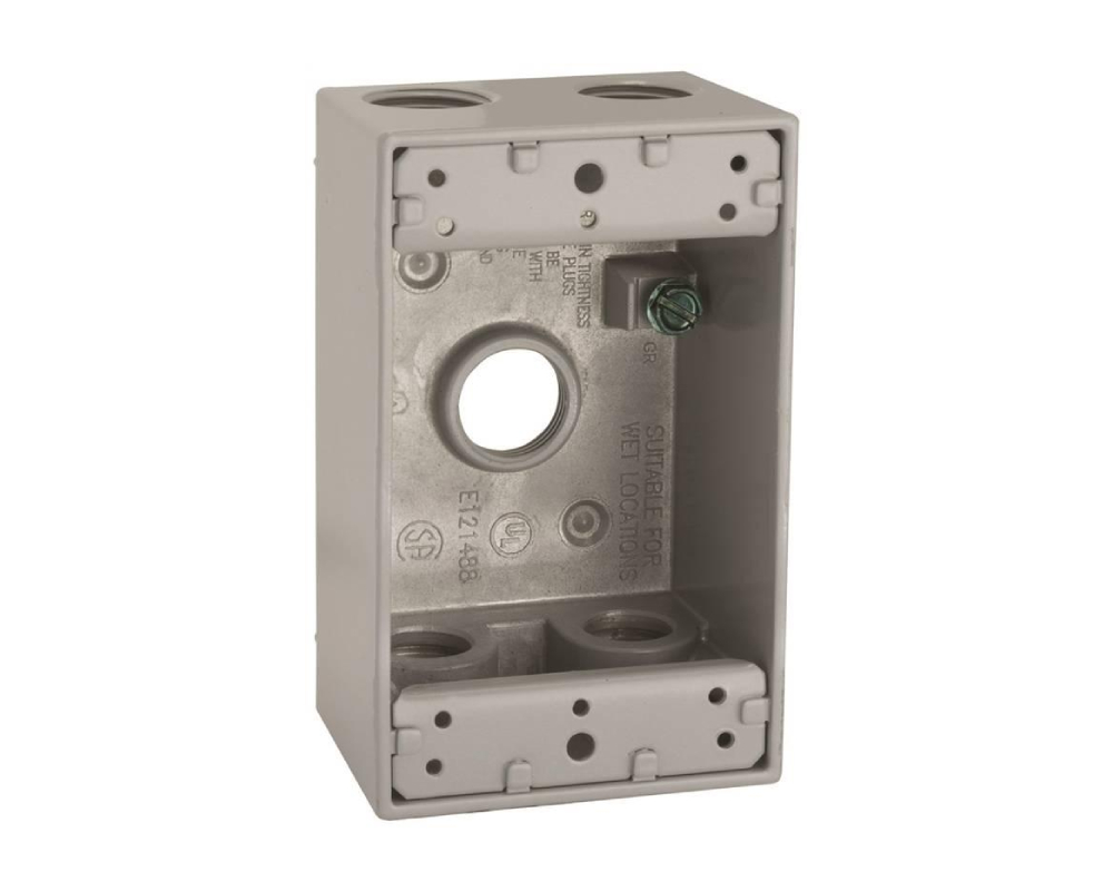 1-Gang Weatherproof Box, Five 1/2 in. Threaded Outlets, Gray