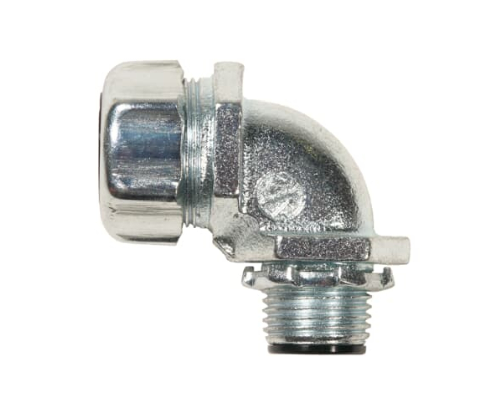 1/2 INCH INSULATED 90DEG 150C RATED CONNECTOR LIQUIDTIGHT FITTING.