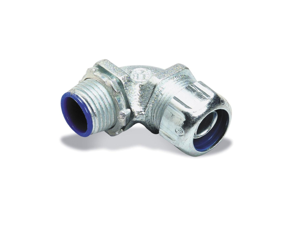 1/2 INCH INSULATED 90DEG 150C RATED CONNECTOR LIQUIDTIGHT FITTING.