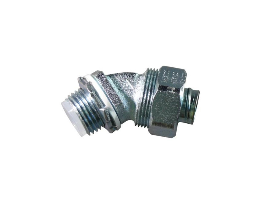 3/4" 45° Liquid Tight Connector, Malleable Iron, Insulated Throat, Aluminum Grounding Lug