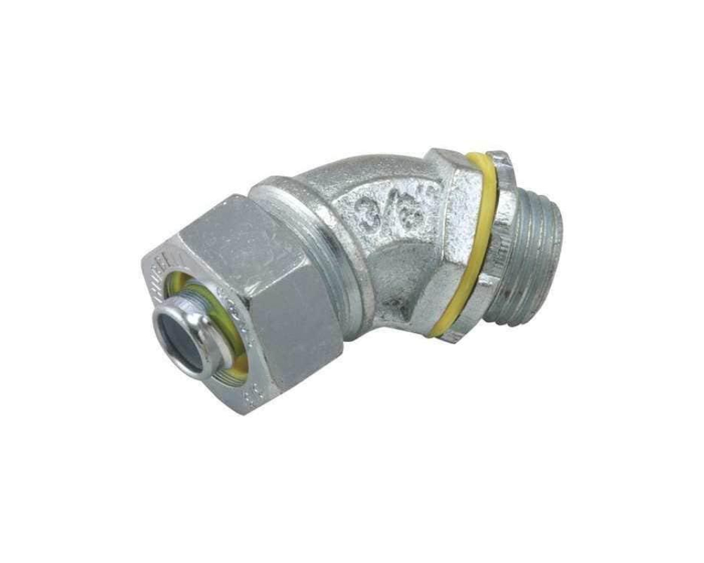 3/4" 45° Liquid Tight Connector, Malleable Iron, Insulated Throat, Aluminum Grounding Lug
