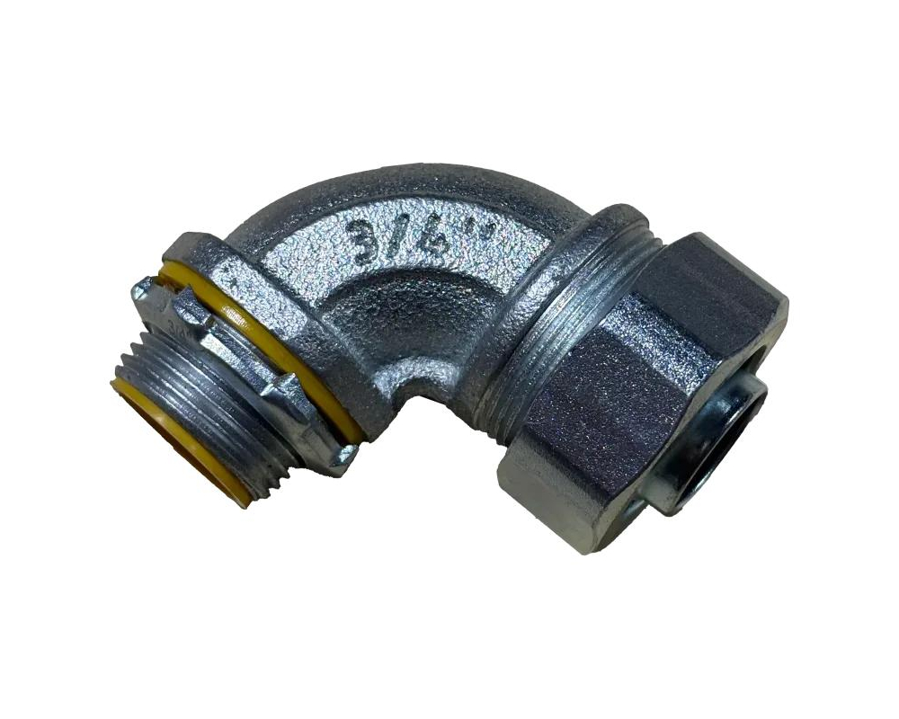 3/4" 90° Liquid Tight Connector, Malleable Iron, Insulated Throat
